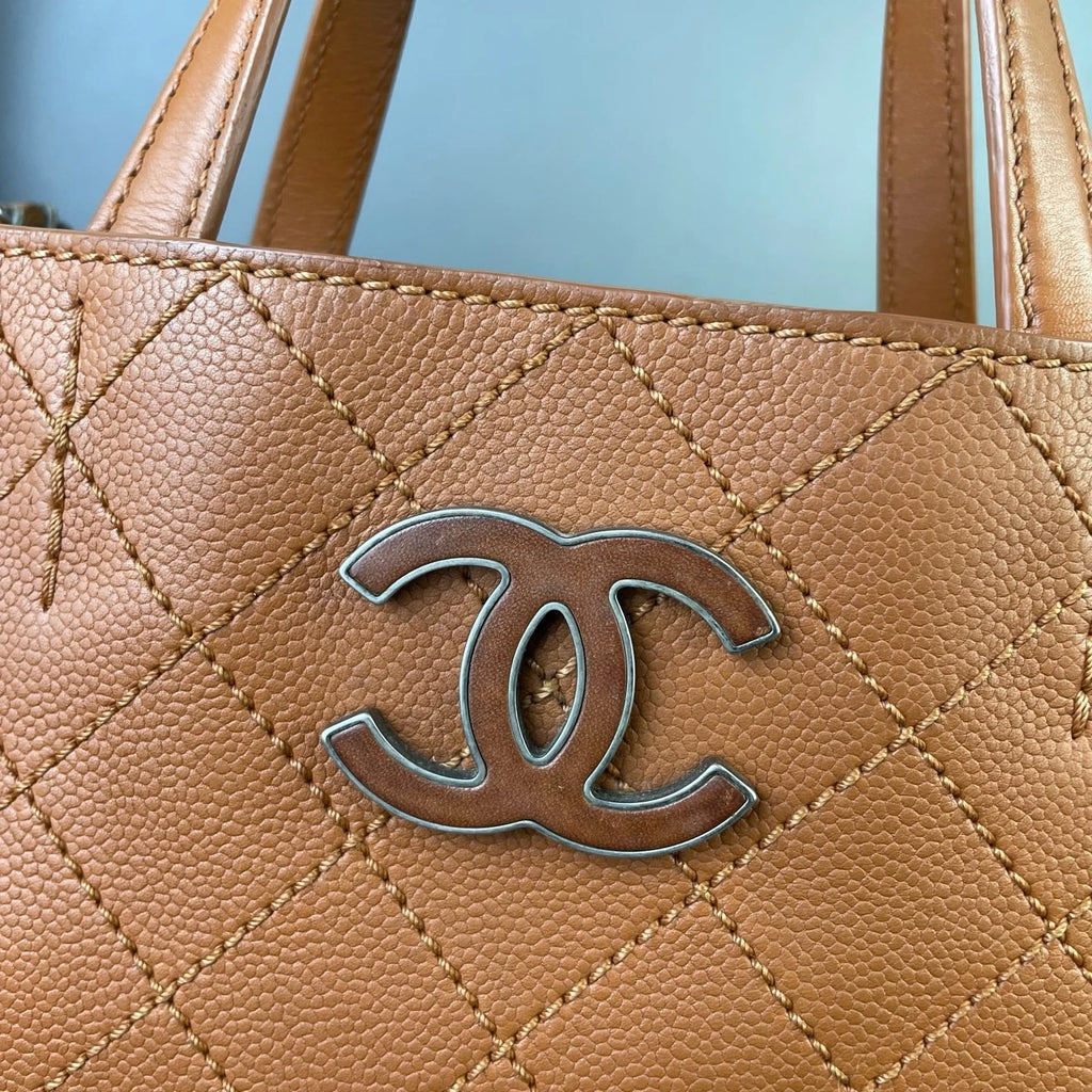 Vintage CHANEL Brown Leather Quilted Logo Tote Bag For Women