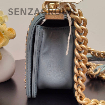 Chanel Le Boy Small Quilted Chain Shoulder Bag Blue Gold Classic Women