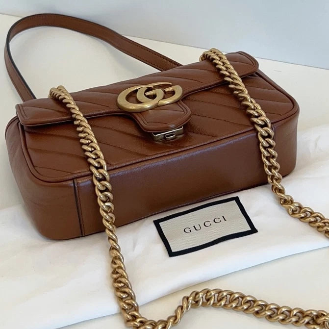 Gucci Marmont 22 Chain Shoulder Crossbody Bag Brown Gold Hardware Women