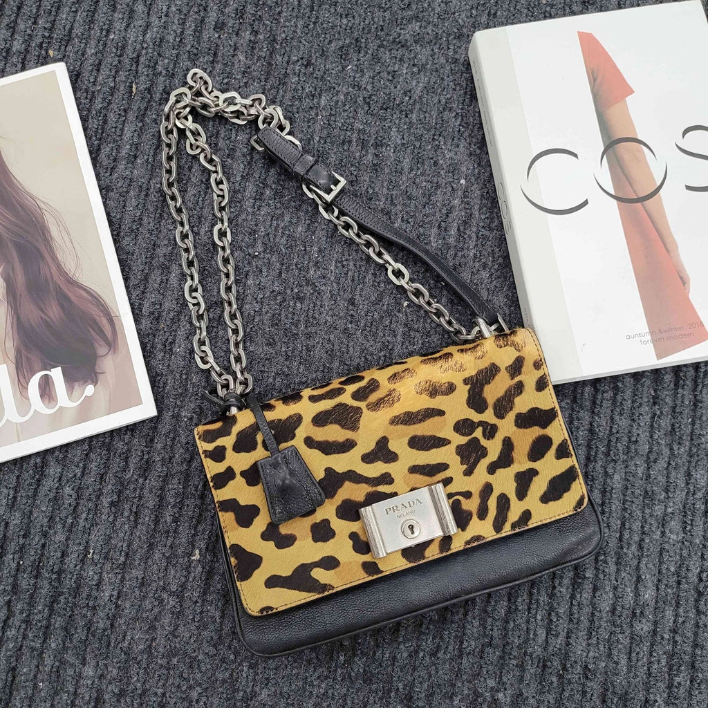 Prada Leopard Print Horsehair Accordion Chain Bag For Women