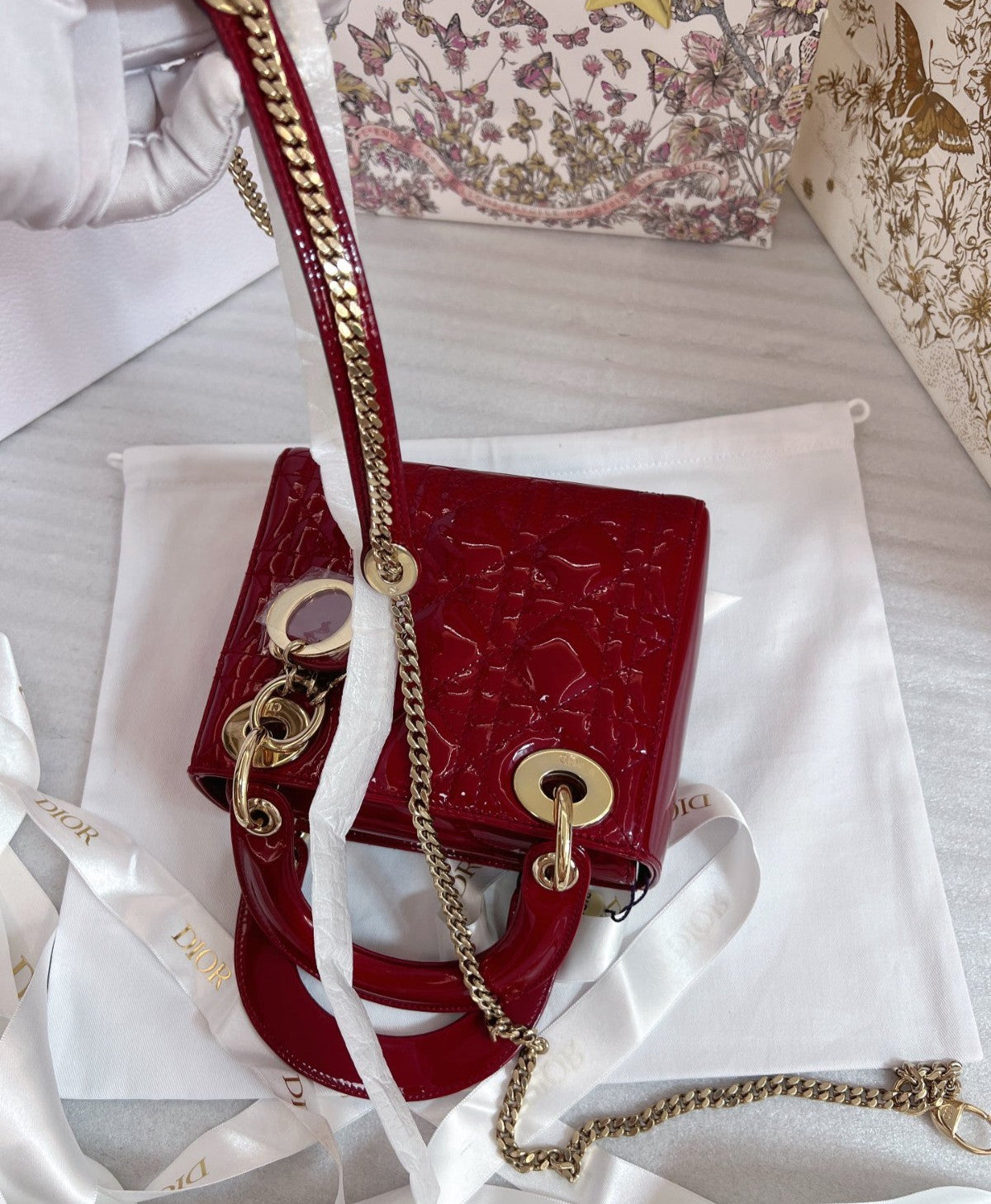Christian Dior Lady Top Handle Chain Shoulder Handbag Red Gold Almost Brand NEW