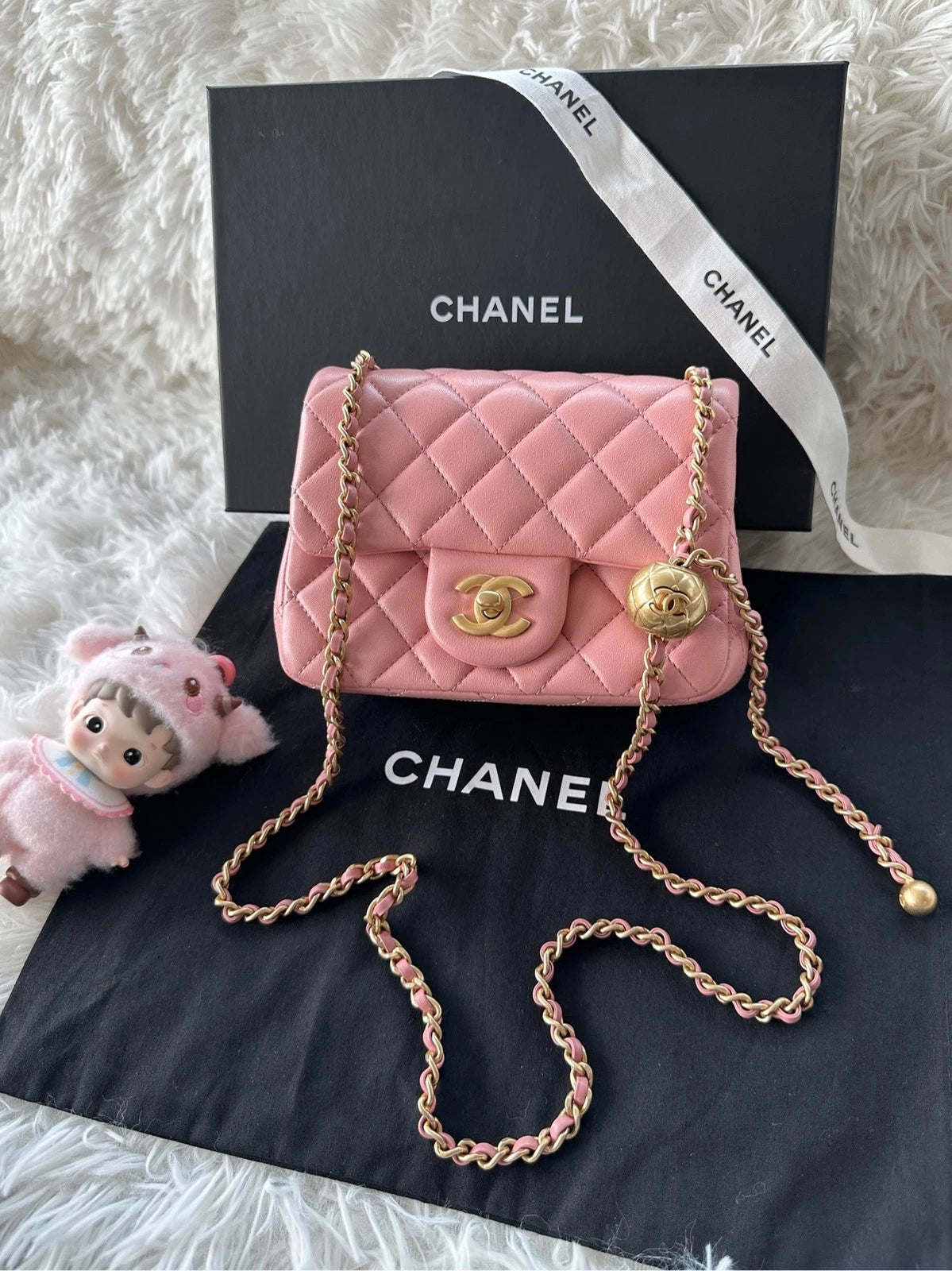 CHANEL Mini Pink Lambskin Gold Ball Crossbody Shoulder Bag Women