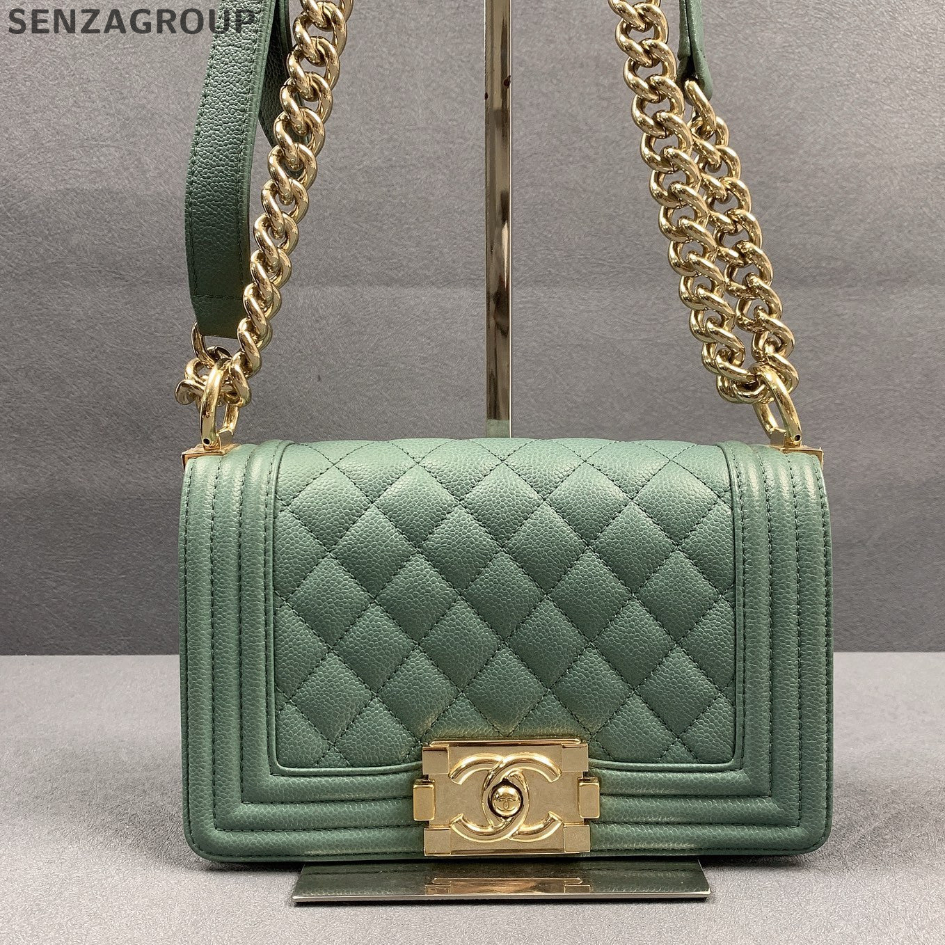 Chanel Small Boy Bag Green Gold Quilted Classic Chain Shoulder Crossbody