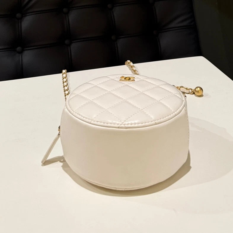 Chanel Quilted Circle Chain Crossbody Bag - Silver White Classic Women's
