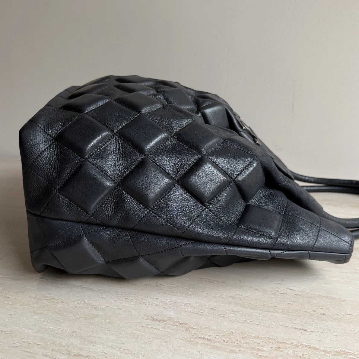 Chanel Diamond Calfskin Leather Black Tote Shoulder Bag Silver Hardware