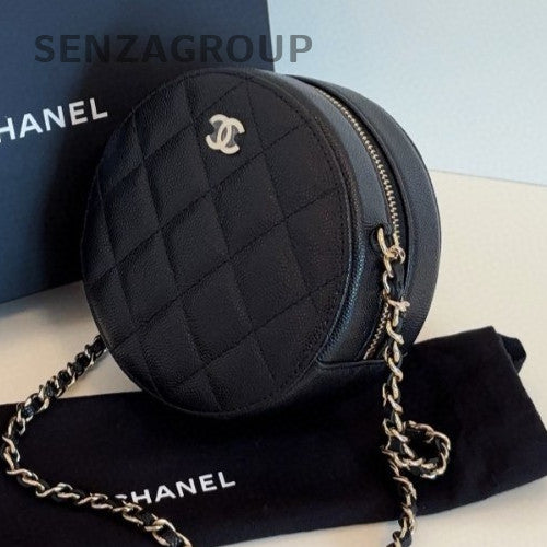 Chanel Calfskin Chain Round Bag Crossbody Diamond Black Gold Women Classic