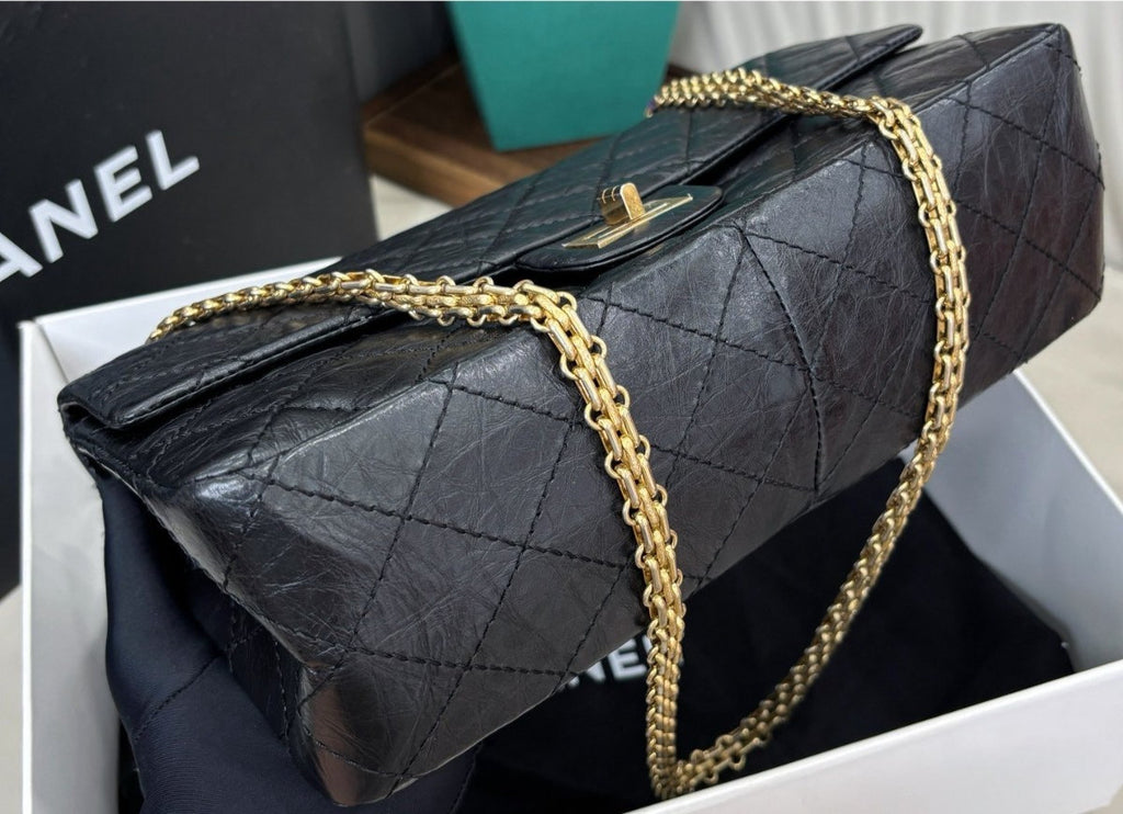 Chanel 2.55 MM Chain Shoulder Bag Crossbody Black Gold Women Classic