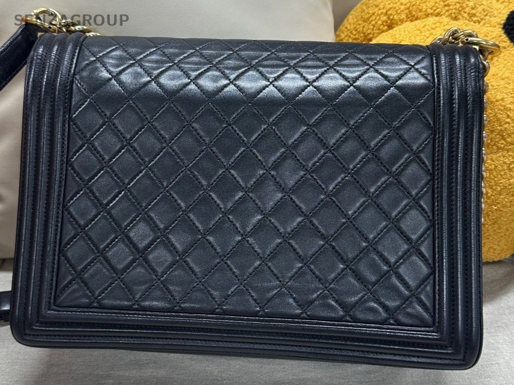 Chanel Leboy Maxi Lambskin Chain Shoulder Bag Black Gold Women Classic Diamond