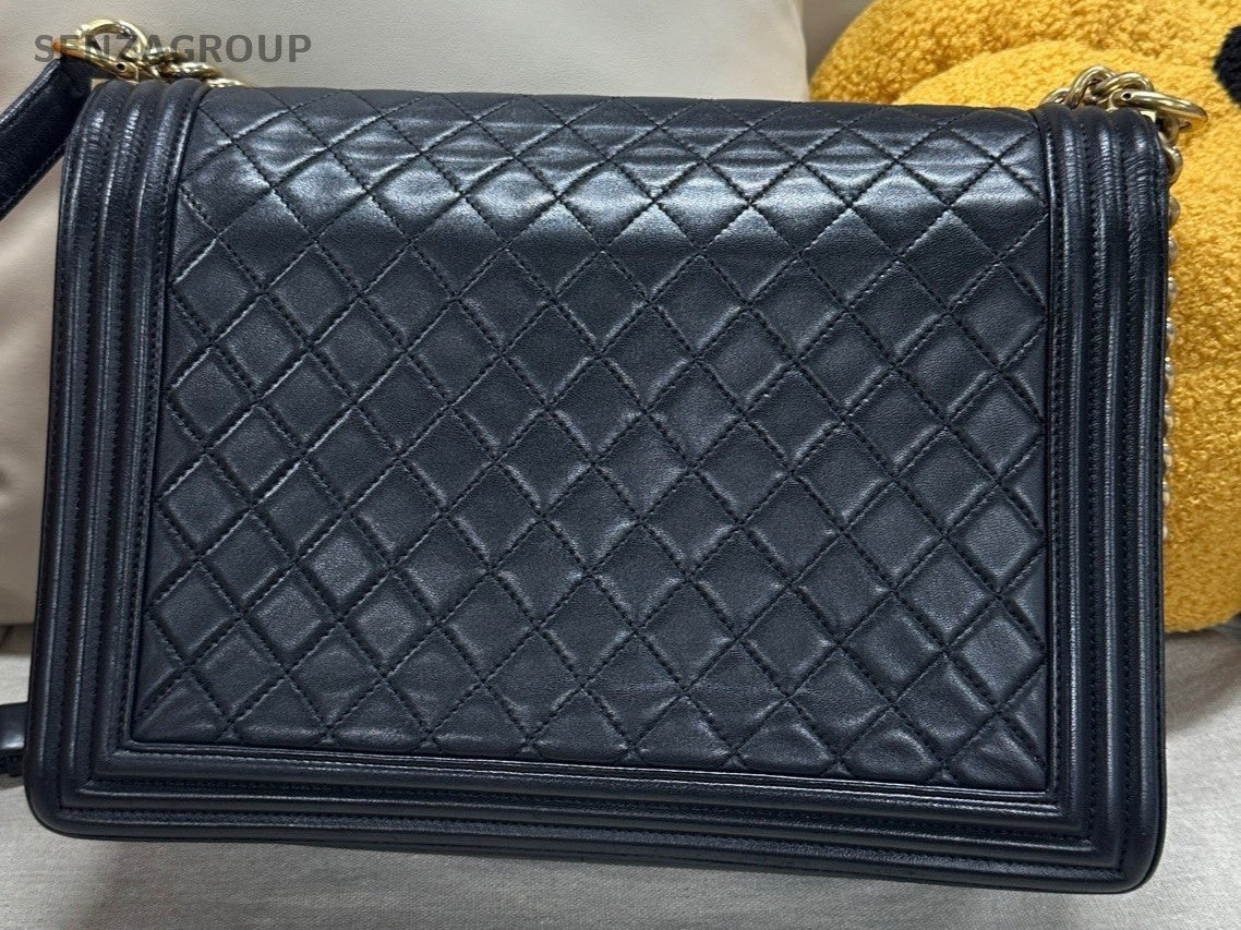 Chanel Leboy Maxi Lambskin Chain Shoulder Bag Black Gold Women Classic Diamond