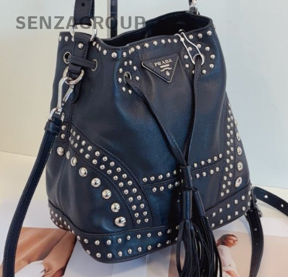 Prada Drawstring Bucket 2Way Top Handle Bag Shoulder Bag Black Silver Women