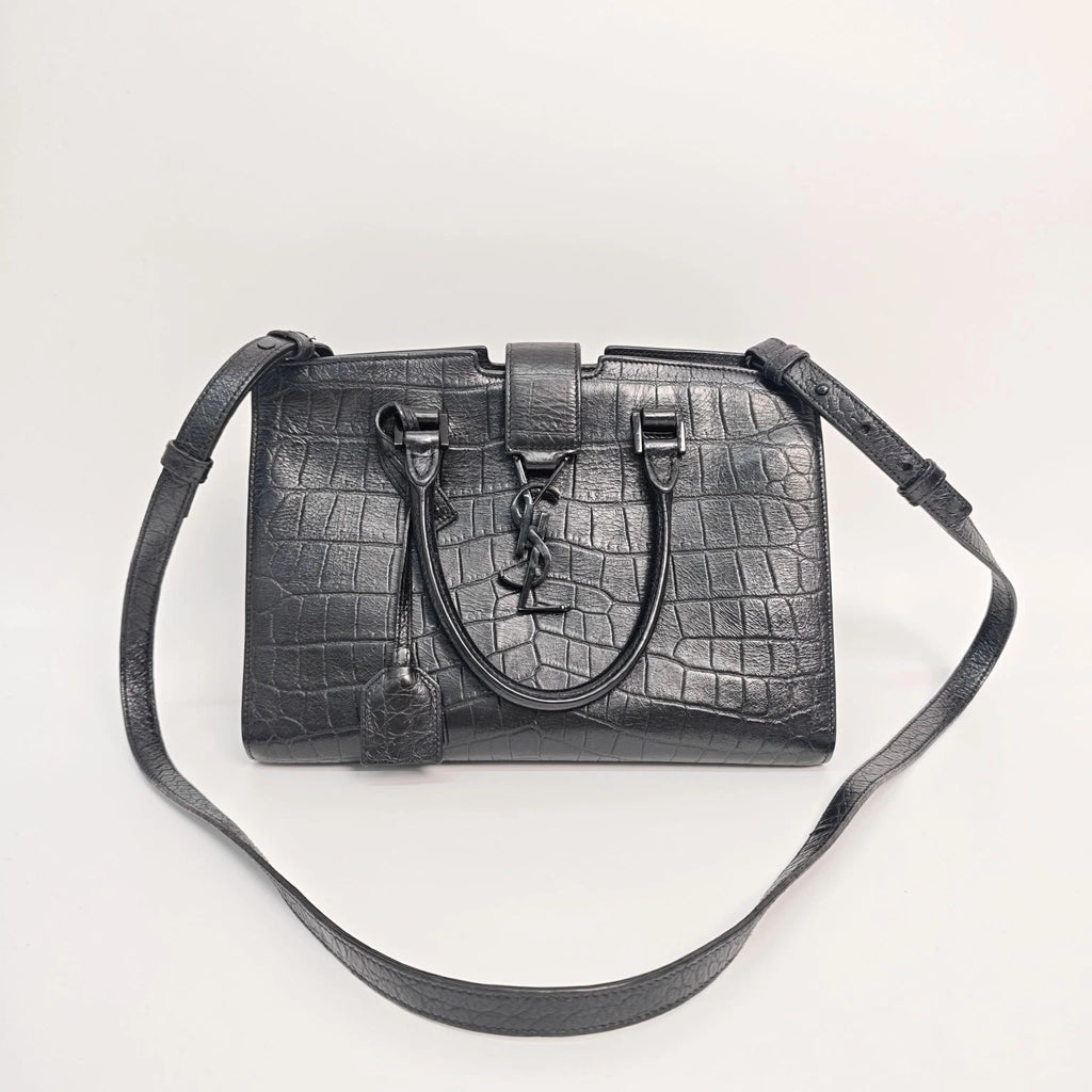 Saint Laurent Black Crocodile Embossed Cabas Shoulder Handbag For Women