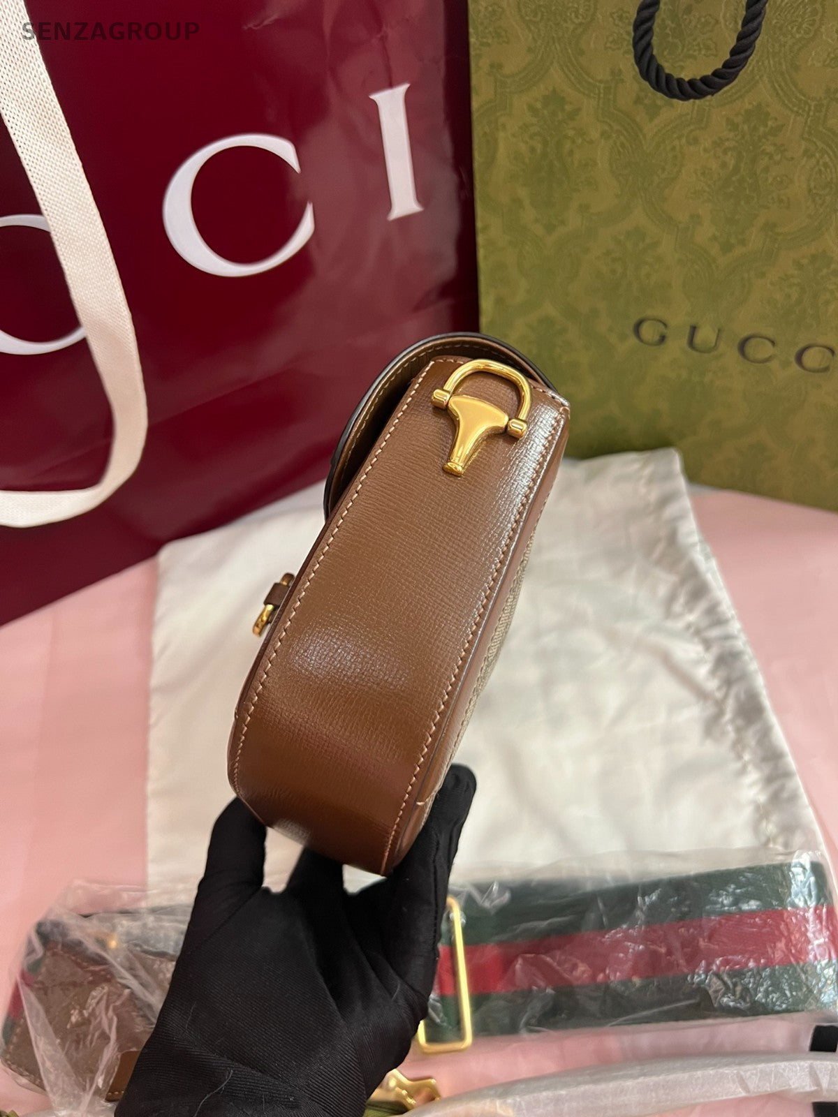 GUCCI 1955 Horse bit PM Monogram 2way Shoulder bag Canvas Brown Almost Brand NEW