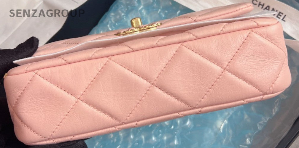 Chanel Calfskin Chain Shoulder Bag Pink Gold Used Women Classic Designer