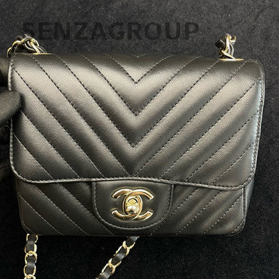 Chanel V-Stitch Square Mini Flap Bag Black Gold Chain Shoulder Crossbody
