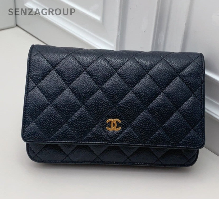 Chanel Diamond Chain Calfskin Black Gold Shoulder Bag Crossbody Women Classic