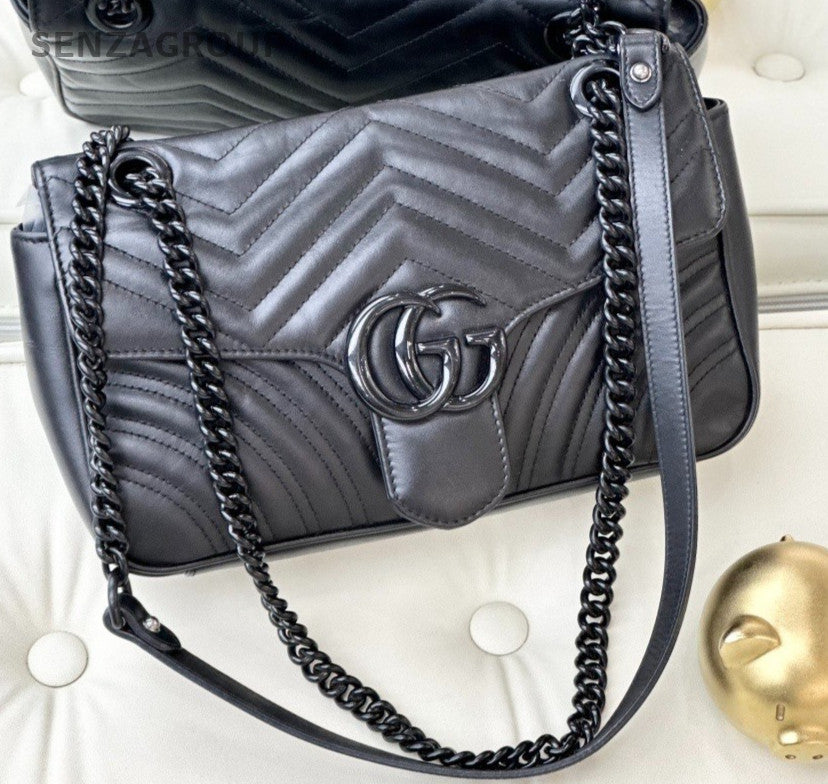 Gucci GG Marmont 26 SoBlack Calfskin Chain Shoulder Crossbody Bag Women Black