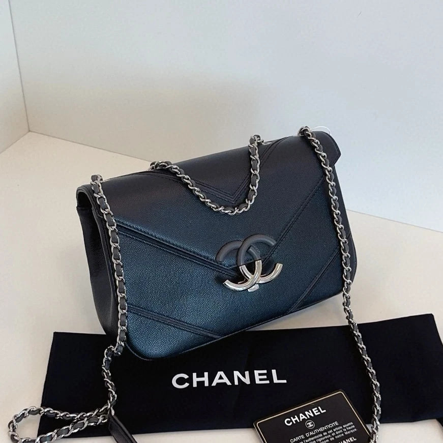 Chanel Cuba MM Chain Shoulder Crossbody Black Silver Women Classic