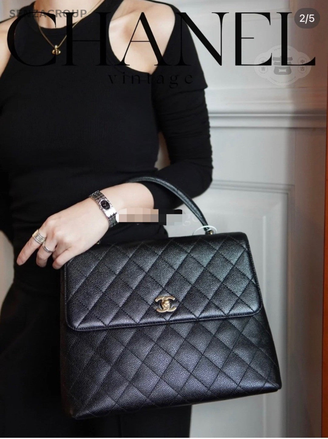 Chanel Vintage Kelly Caviar Leather Handbag Top Handle Bag Women Black