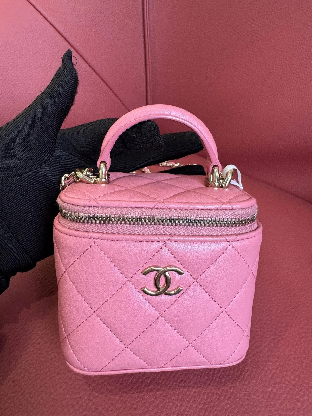 Chanel Diamond Chain Crossbody Top Handle Bag Pink Gold Women Classic