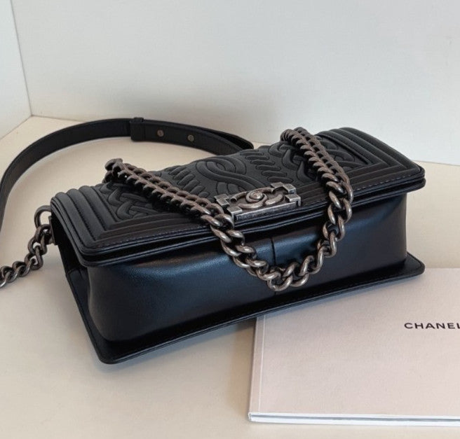 Chanel Leboy MM Chain Shoulder Bag Crossbody Black Silver Women Classic