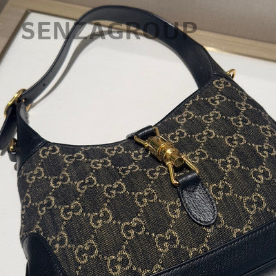 Gucci Jackie 1961 Canvas Monogram Shoulder Bag Black Gold Women's Fashion