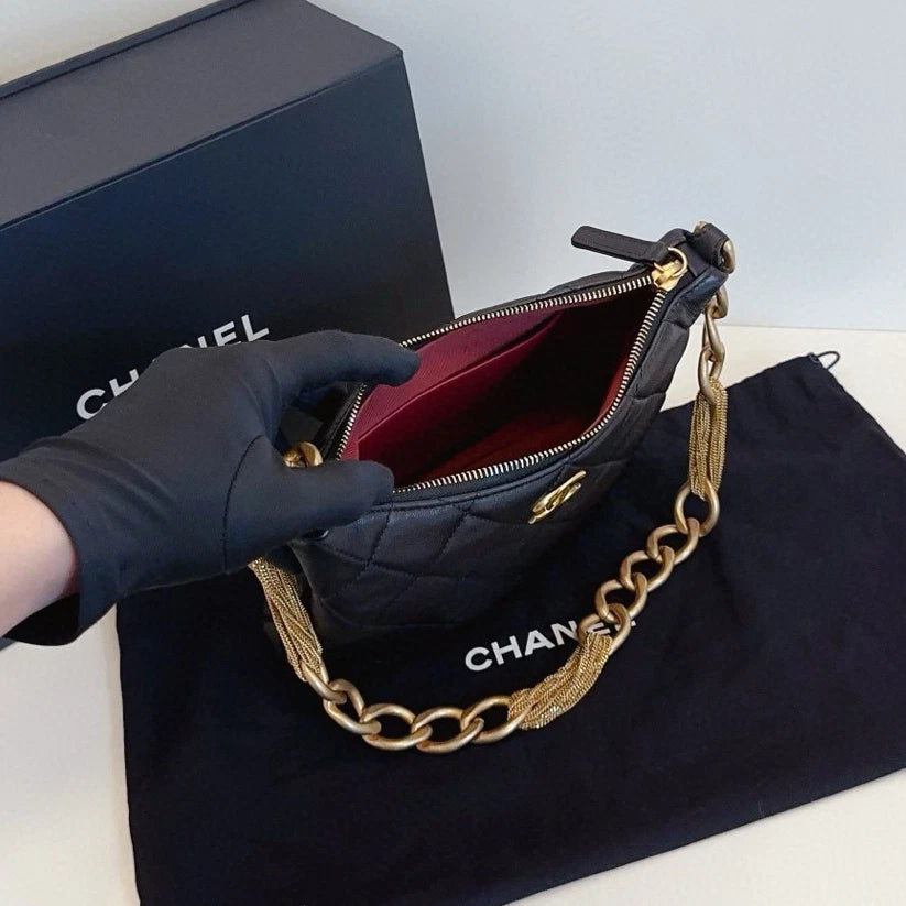 Chanel Hobo Chain Shoulder Bag Black Gold Used Women Classic Fashion