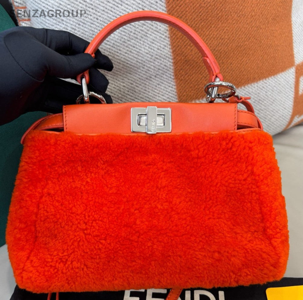 Fendi  Peekaboo PM Lambskin Top Handle Bag Crossbody Orange Silver Women