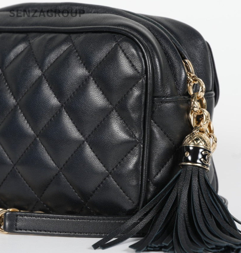 Chanel Fringe Chain Shoulder Bag Crossbody Black Gold Women Classic Diamond