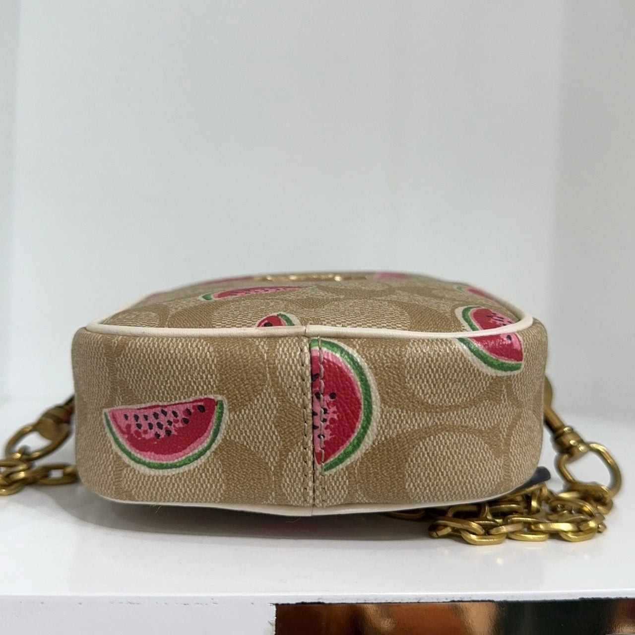 Coach Beige Canvas Monogram Watermelon Print Crossbody Camera Bag Women