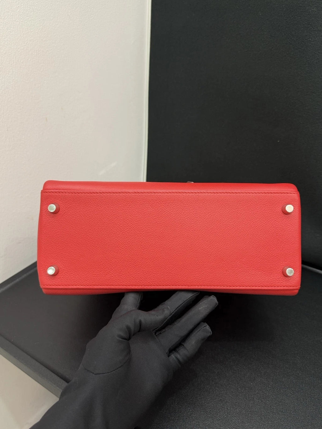 Hermes Kelly28 Evercolor Top Handle Bag Crossbody Red Silver Classic Women
