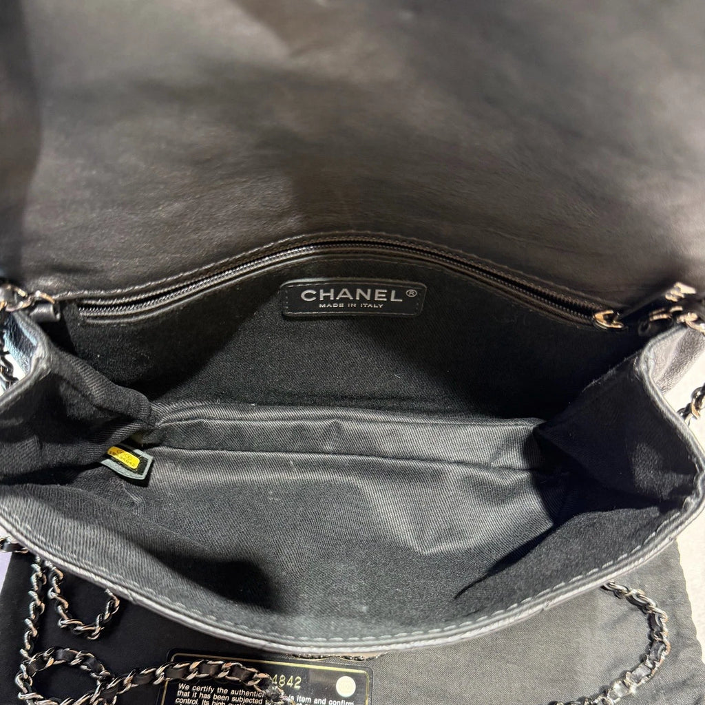 Chanel Calfskin Chain Top Handle Crossbody Black Silver Women Classic