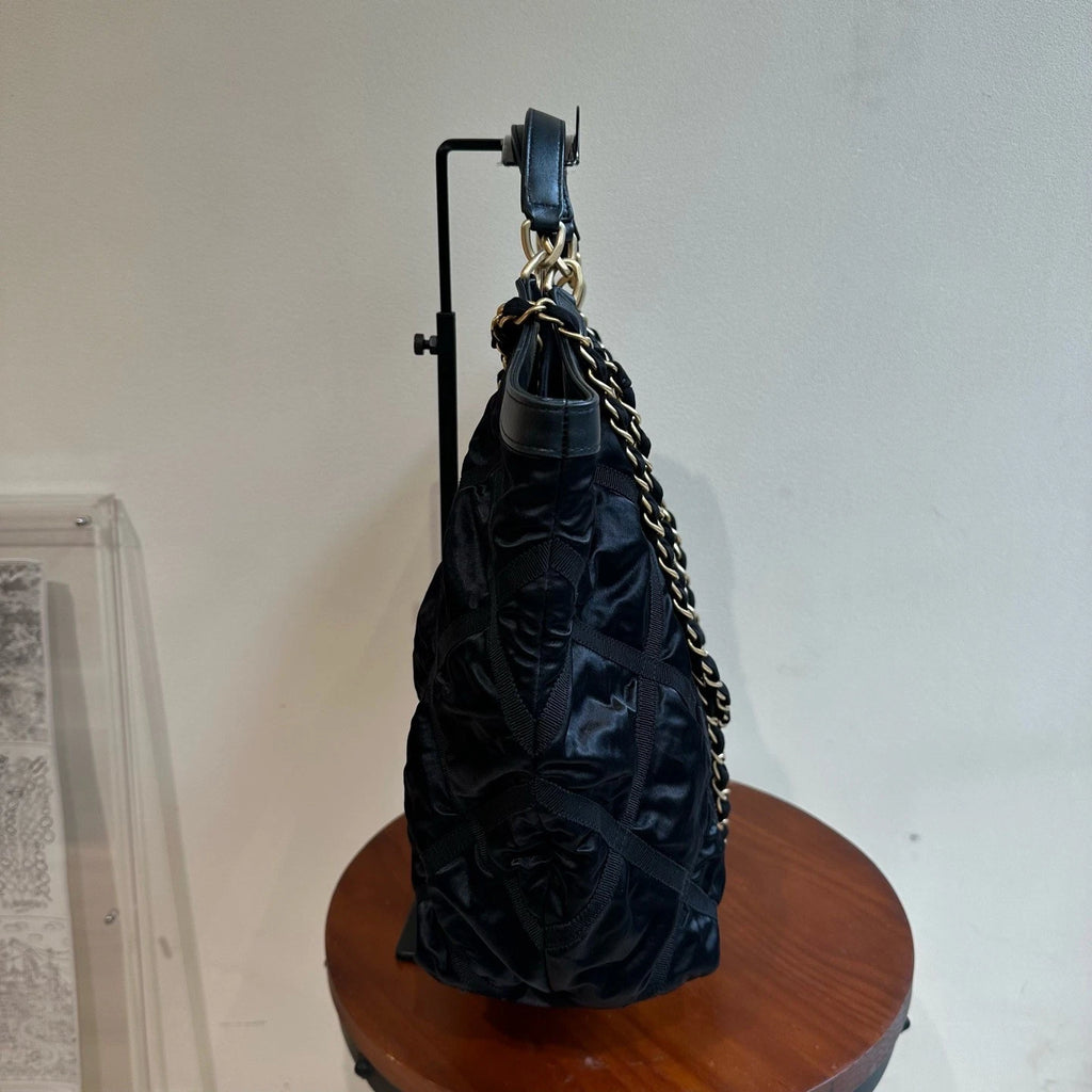 Excellent Chanel Maxi Tote Nylon Black Handbag Chain Shoulder Bag Chip Version