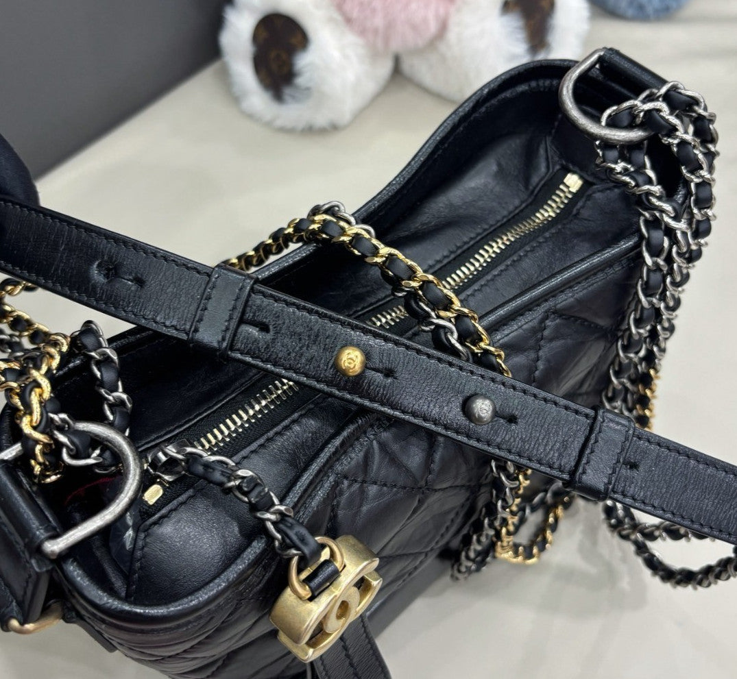 Chanel Gabrielle PM Chain Shoulder Bag Crossbody Black Gold Diamond Women