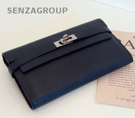 Hermes KellyToGo Lambskin Clutch Chain Shoulder Bag Black Silver Women Classic