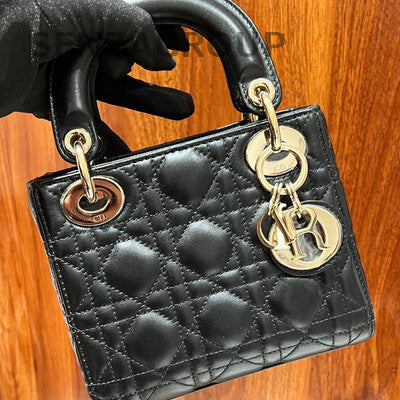 Dior Lady Dior Black Gold Cannage Handbag Classic Fashion