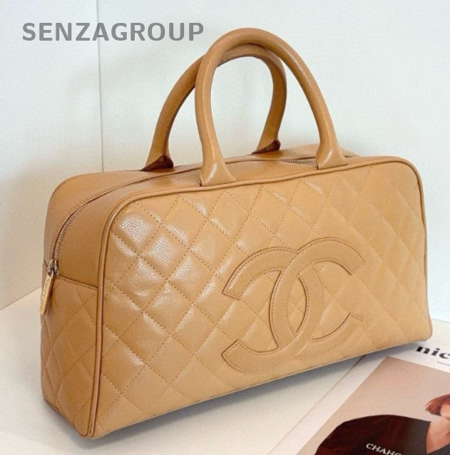 Chanel Bolide GM Top Handle Bag Beige Gold Diamond Women Classic CC Logo