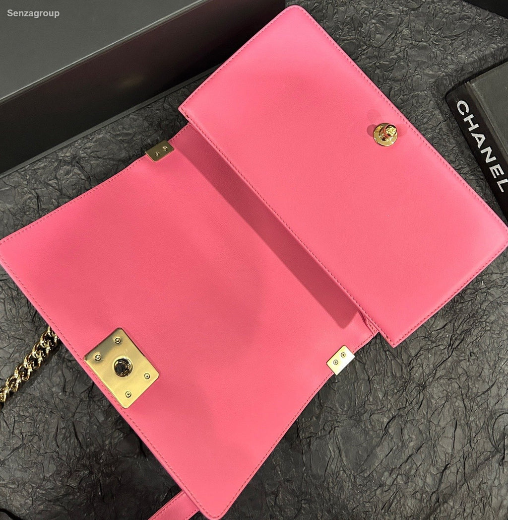 Chanel Leboy MM Calfskin Chain Shoulder Bag Crossbody Pink Gold Women Classic