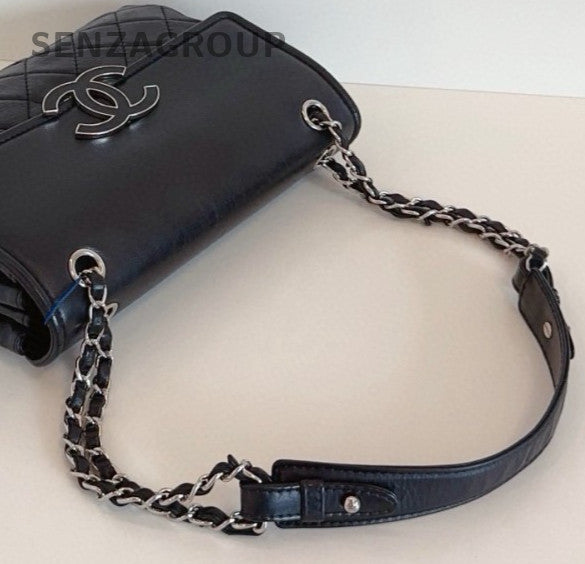 Chanel Diamond Chain Calfskin Black Silver Shoulder Bag Women Classic