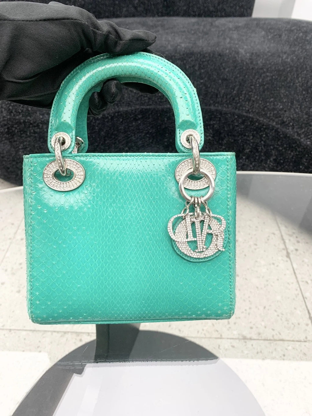Christian Dior Lady Dior 2Way Top Handle Bag Crossbody Green Silver Women S