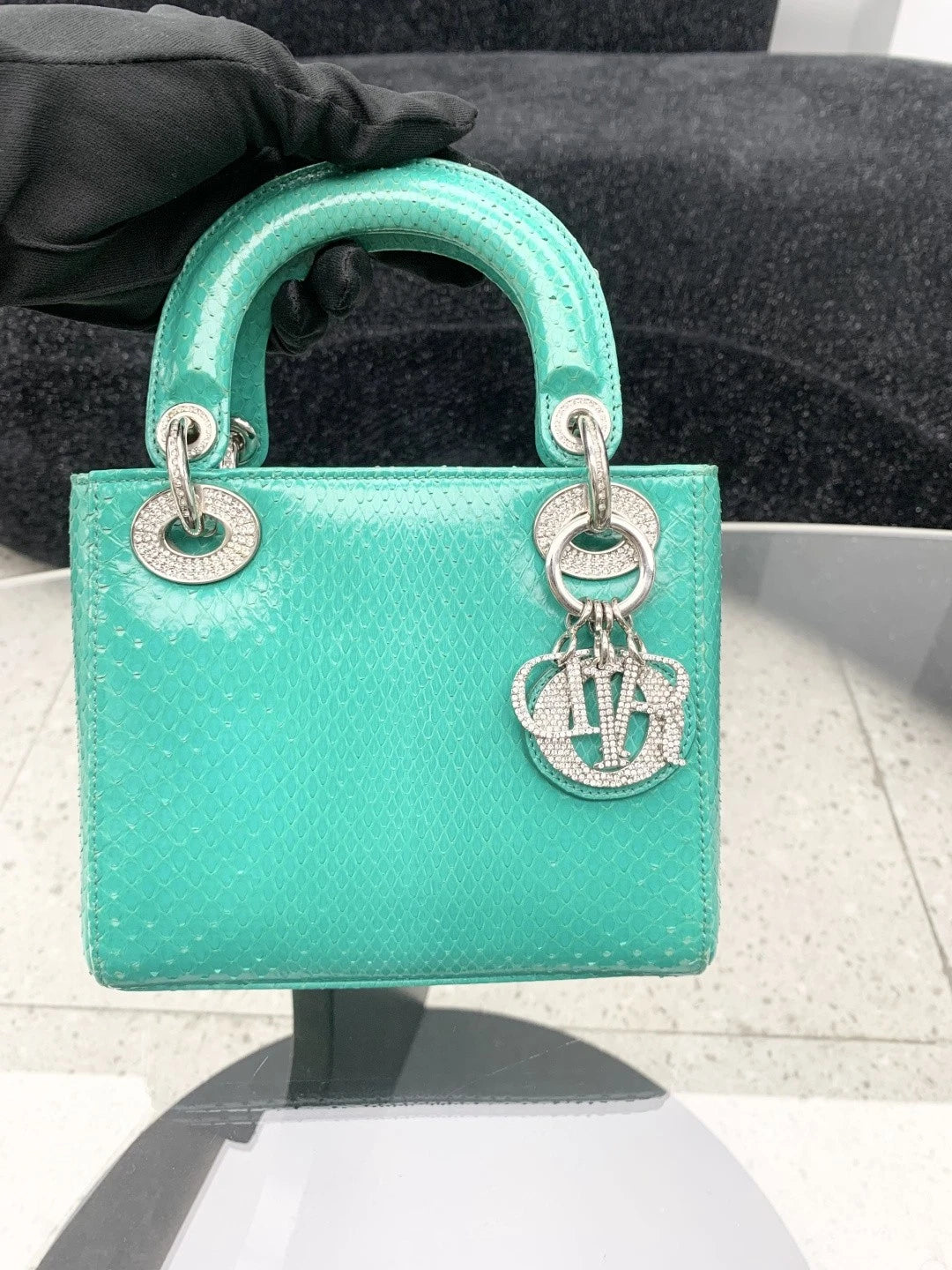 Christian Dior Lady Dior 2Way Top Handle Bag Crossbody Green Silver Women S