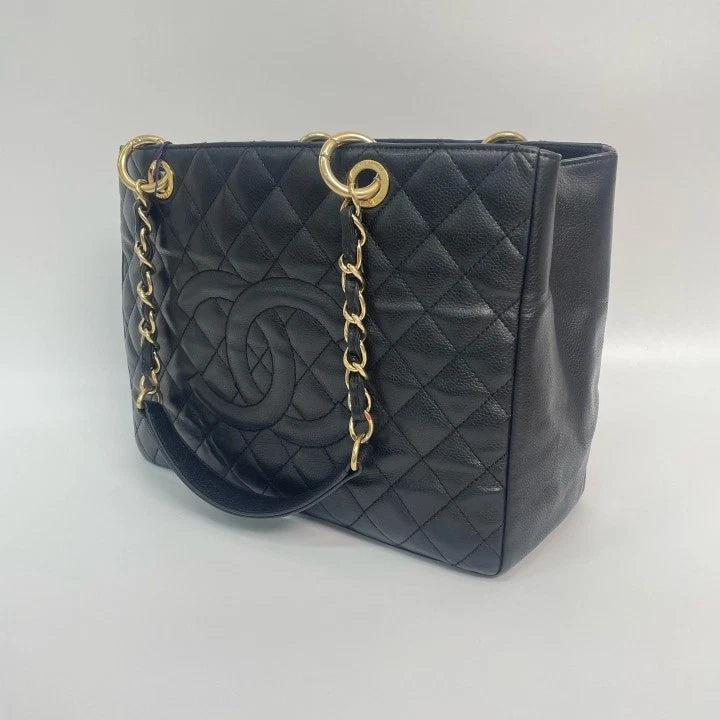 CHANEL GST Medium Black Gold Leather Tote Bag For Women