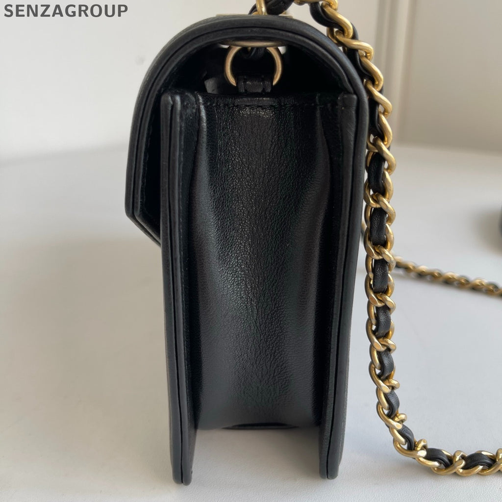 Chanel Calfskin Chain Shoulder Bag Crossbody Black Gold Chevron Women Classic