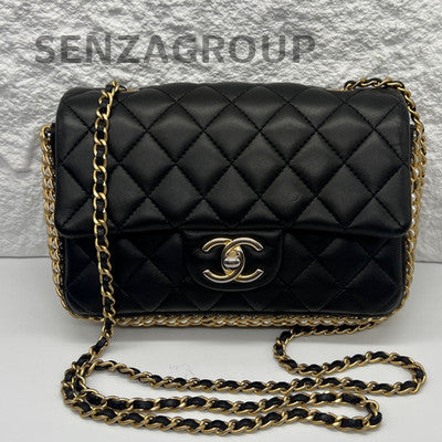Chanel Classic Flap Mini Pearl Chain Black Gold Shoulder Crossbody Bag