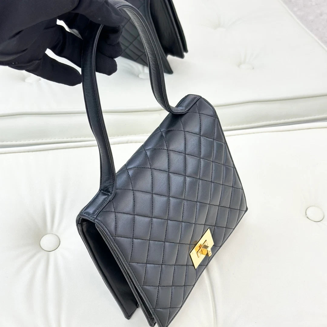 Chanel Vintage Lambskin Diamond Top Handle Bag Black Gold Hardware Women S