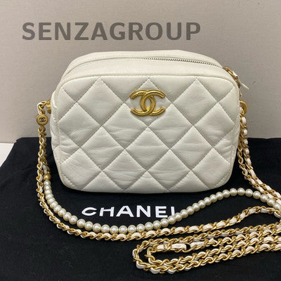 Chanel Quilted White Gold Camera Bag with Pearl Chain Strap