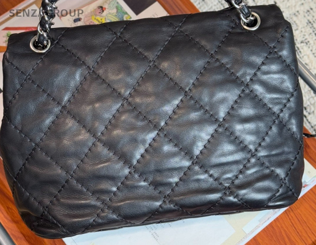 Chanel Classic Flap Chain Shoulder Bag Silver Black Diamond Pattern Women