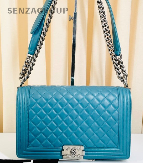 Chanel Leboy Calfskin Vintage Chain Shoulder Bag Blue Silver Women Classic