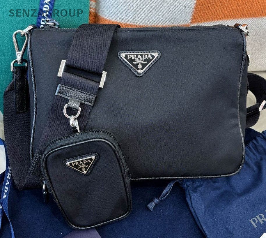 Prada Saffiano Canvas Shoulder Bag Crossbody Black Silver Unisex Adults Classic