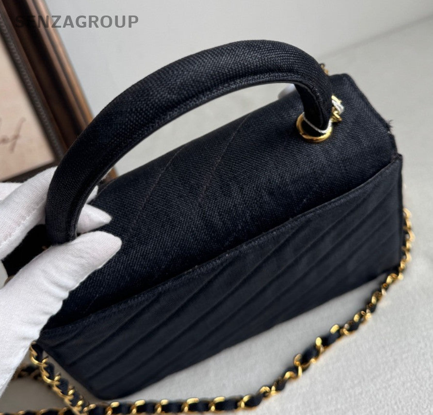 Chanel Kelly Vintage Chain Crossbody Top Handle Bag Black Gold  Women Classic