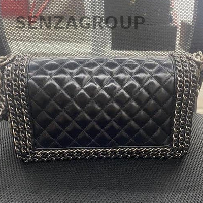 Chanel Le Boy Medium Black Silver Calfskin Quilted Shoulder Bag Classic